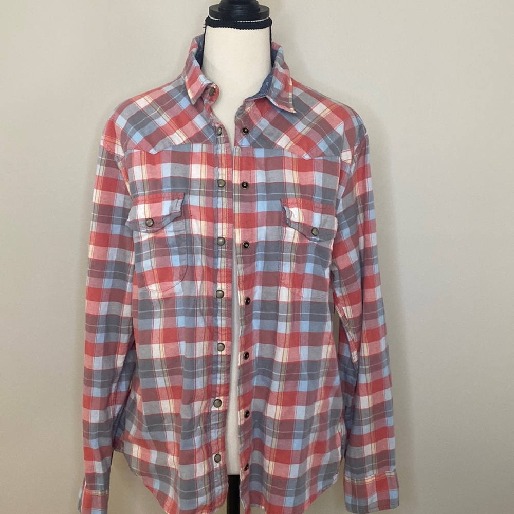 Jacks girlfriend Bea flannel snap button shirt coral long sleeve utility sleeve